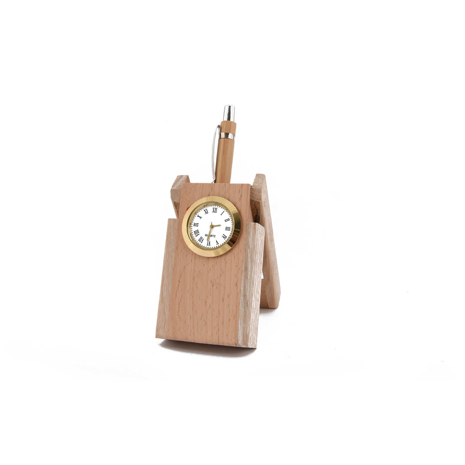 Pen stand with watch wooden