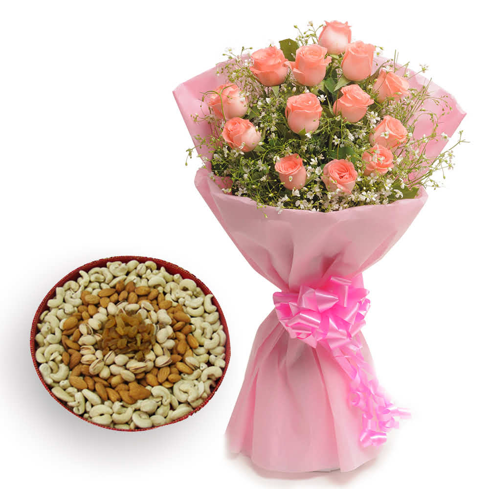 Pink Roses With Mix Dry Fruits