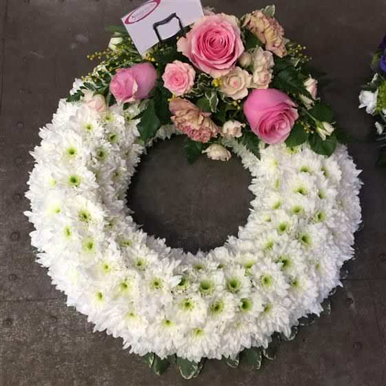 Wreath of Pink Roses and White Carnations