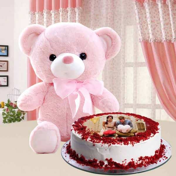 Red Velvet Photo Cake With Teddy